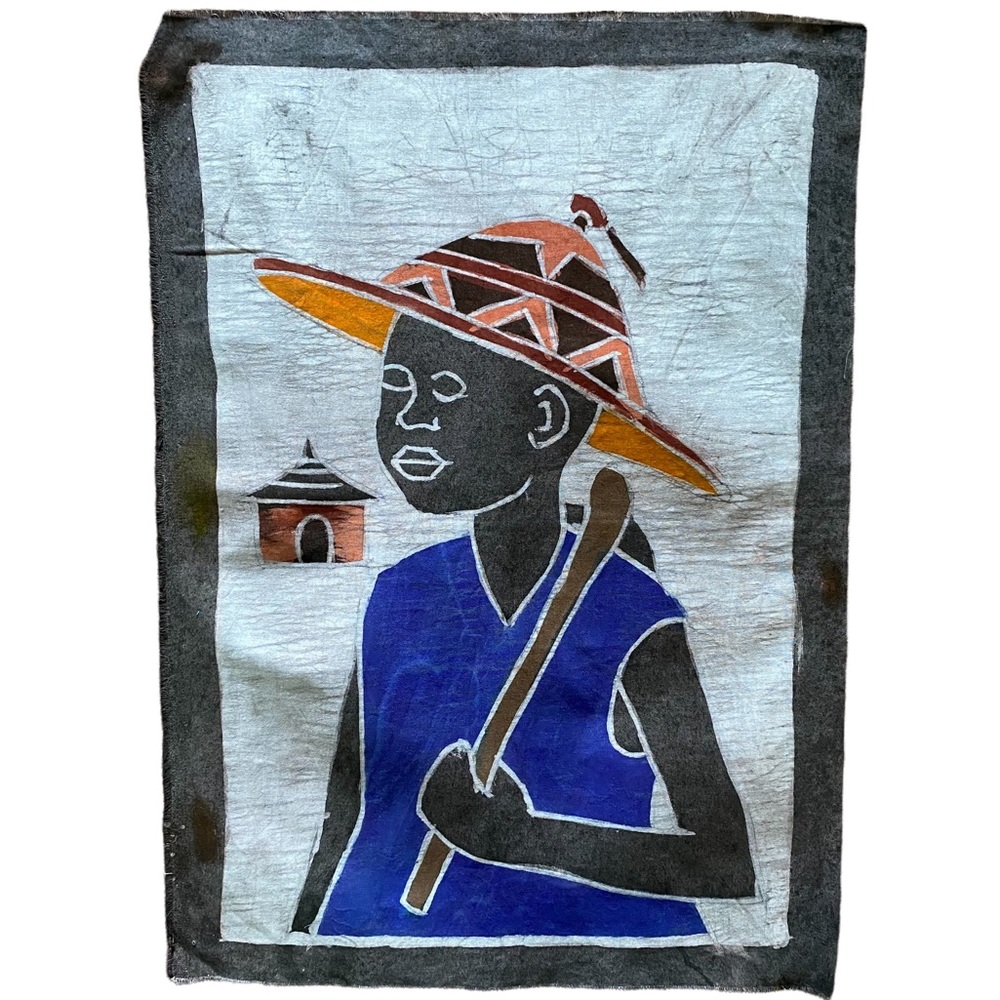 Batik Man with Sun Hat Hand Dyed Fabric Panel by Artist Theodore Asshola